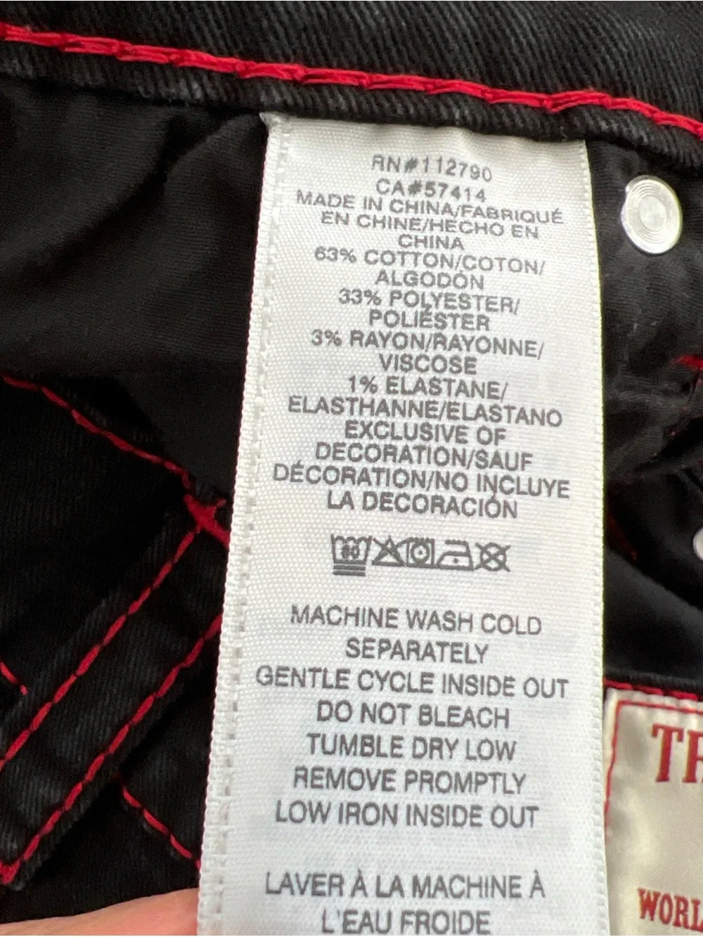 True Religion Ricky Big T Relaxed Straight Black Jeans Red Stitch Sz 36x32